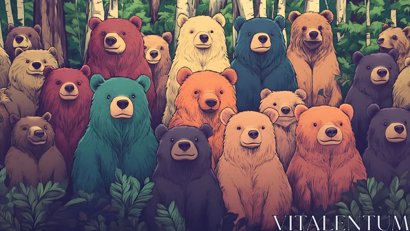 Colorful bears gathered in dense green forest clearing.