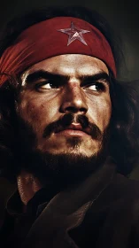 Cinematic close-up of rugged man in red star headband