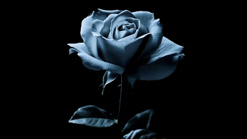 Midnight blue rose glows gently against the dark night