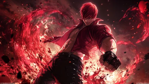 Energetic anime fighter channels swirling red plasma vortex field