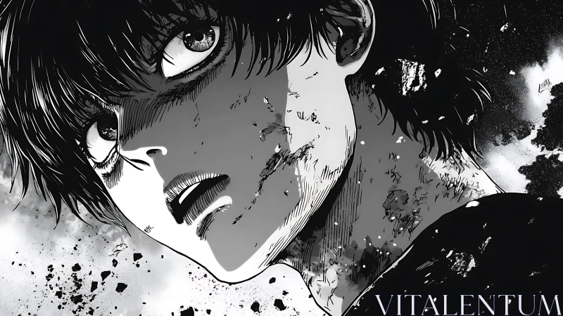 Battle-scarred manga protagonist in intense monochrome closeup.