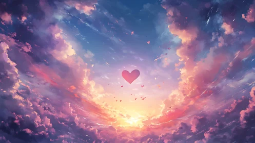 Radiant pink heart drifts above glowing multicolor sunset sky