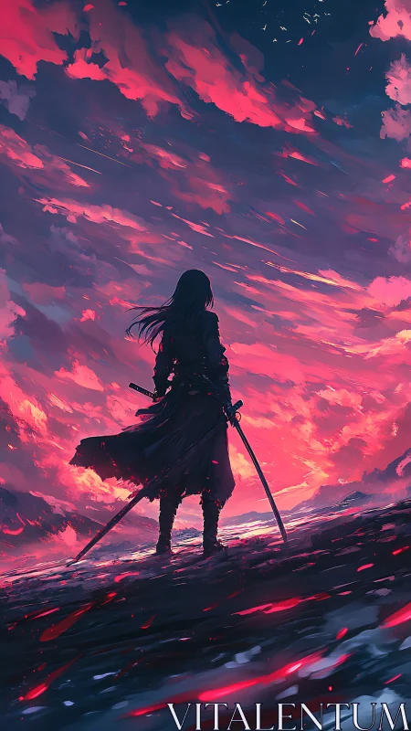 Lone sword warrior stands under vivid red storm sky.