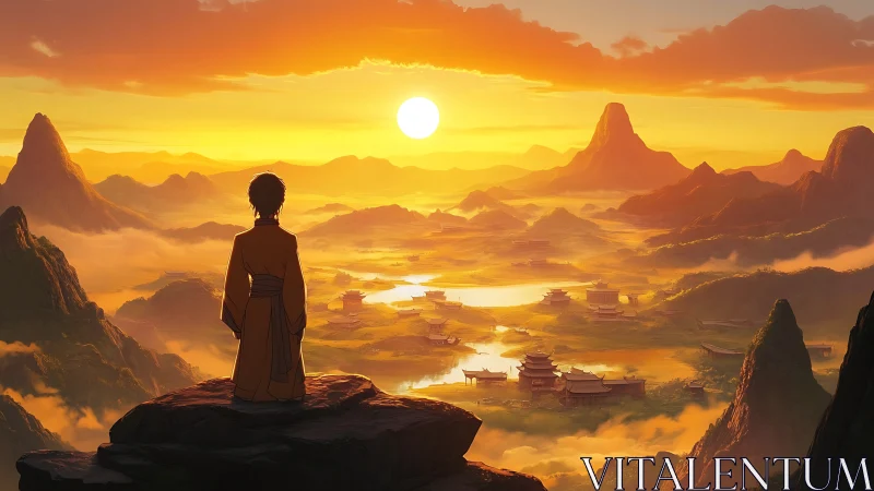 Monk overlooking sunrise across tranquil fantasy valley.
