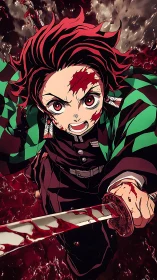 Blood-soaked swordsman hurtles forward through crimson fury