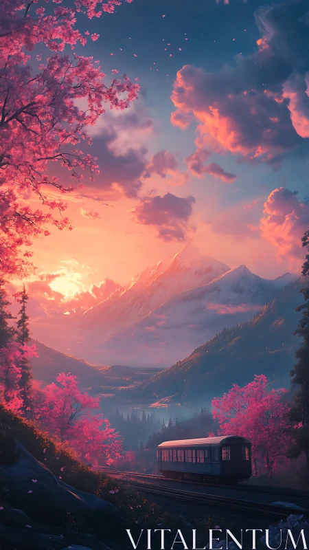 Railcar passes cherry trees under vivid pink mountain sunset