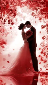 Bride and Groom in Red Floral Garden Romance.