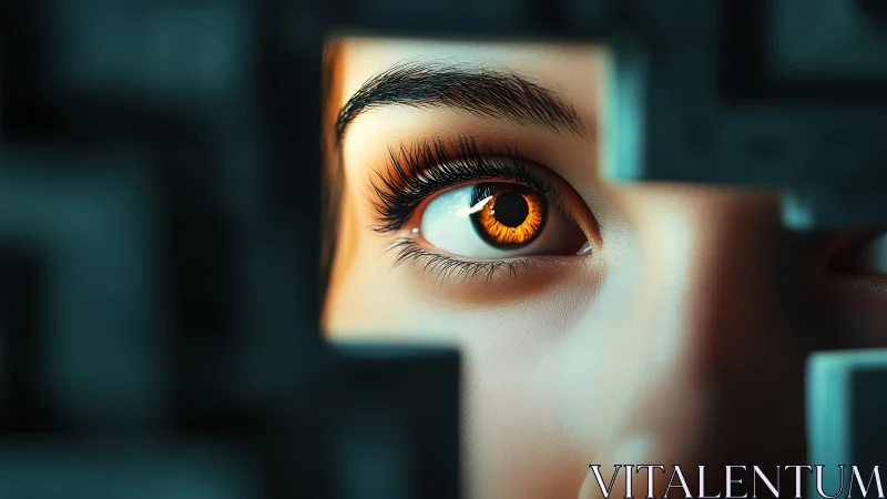 Iris close-up framed by geometric aperture in teal bokeh field.