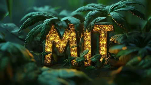 Glowing MIT monogram blooms beneath lush jungle leaves.