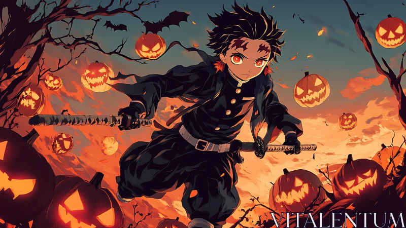 Sword-wielding hero dashes through swirling Halloween dusk.