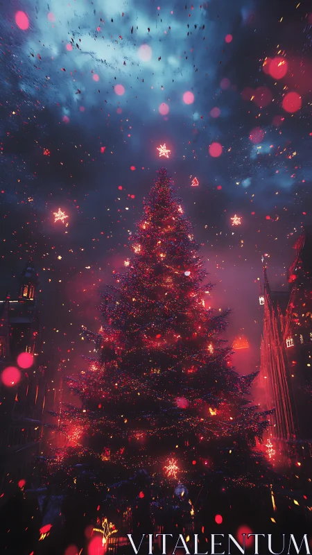 Vertically framed city plaza tree under dense neon particle snowfall