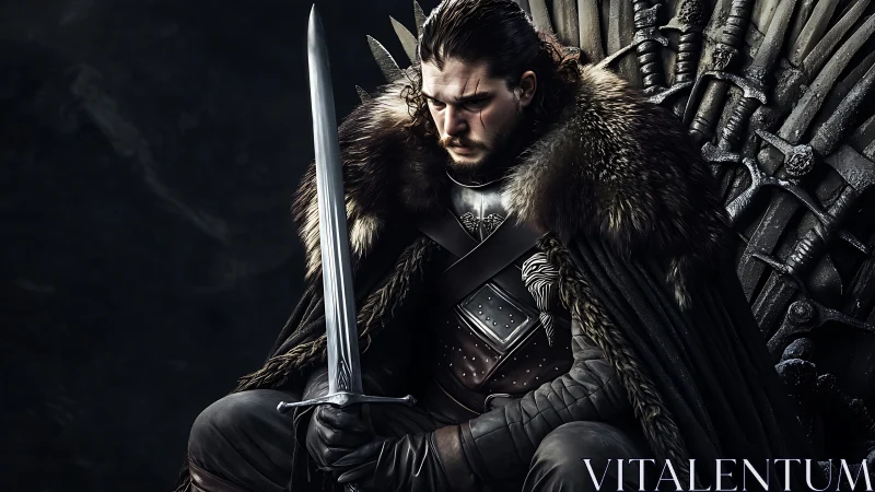 Medieval warrior in fur cloak seated on iron throne.