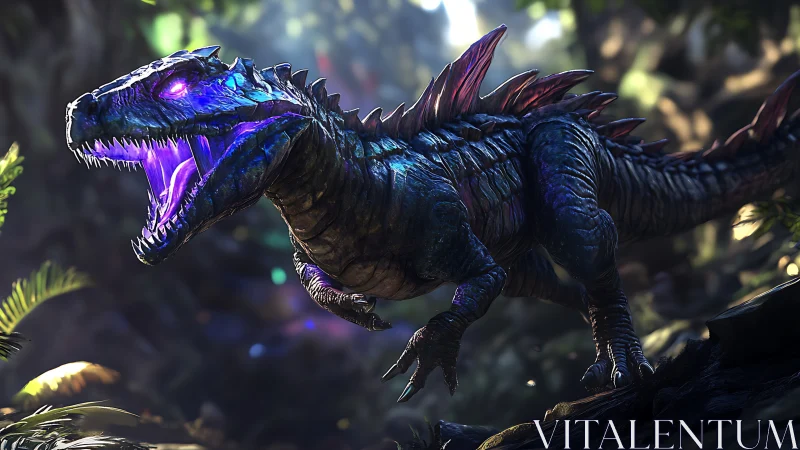 Bioluminescent alien dinosaur roars in lush jungle