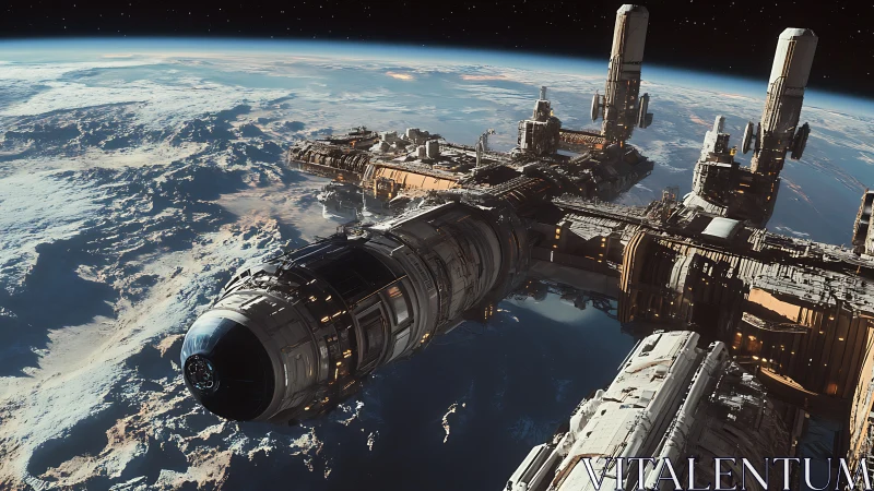 Orbital research station docking above a frozen planet.