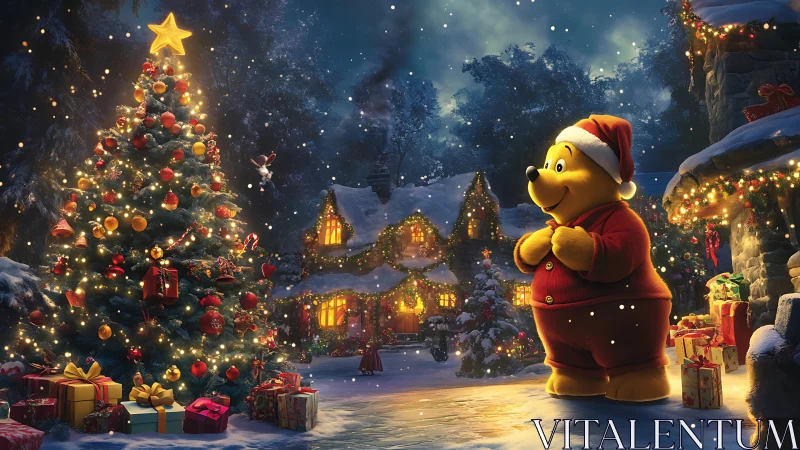 Bear in red suit admires glowing village Christmas tree.