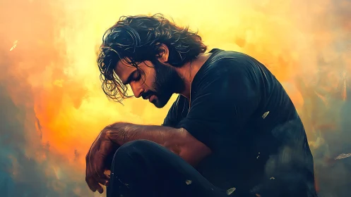 Quiet sunrise moment shows a man pausing in thoughtful silence