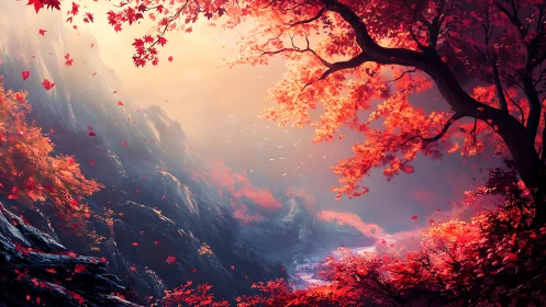 Autumn valley scene with red foliage and misty light.