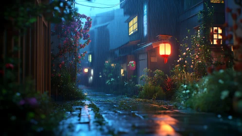 Rain-soaked alleyway with glowing lanterns at night.