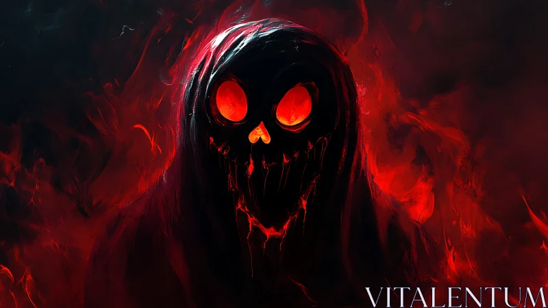 Infernal hooded specter with molten eyes in scarlet haze.