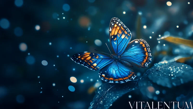 Blue butterfly resting on dewy leaves in soft night light.