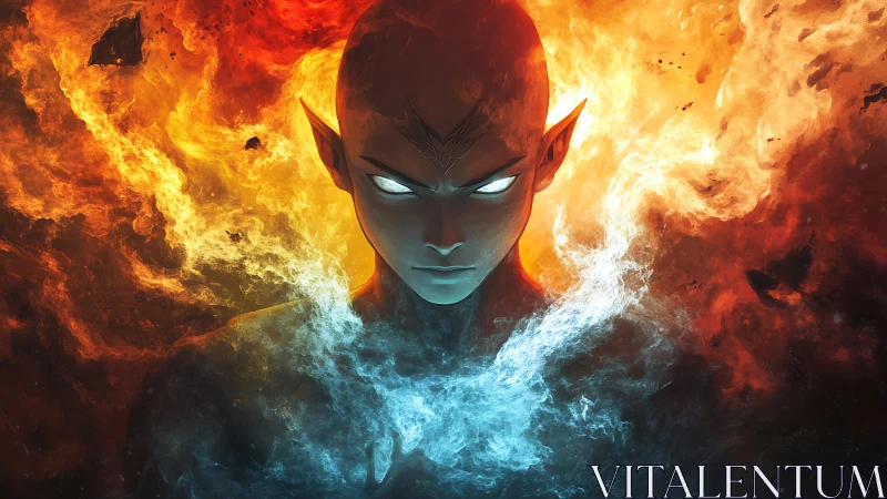 Elemental humanoid merges volumetric fire and smoke fields symmetrically