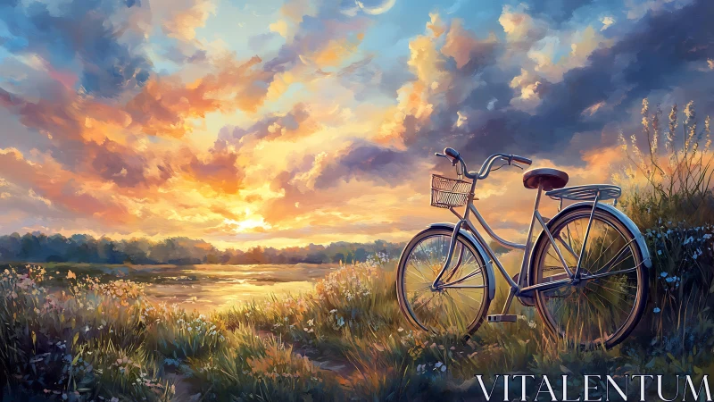 Bicycle in Golden Sunset Over Rural Meadow