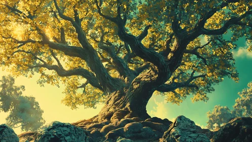 Large mature tree on rocky terrain under diffused sunlight.