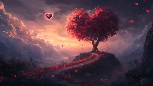 Heart-shaped tree with petals in surreal landscape.
