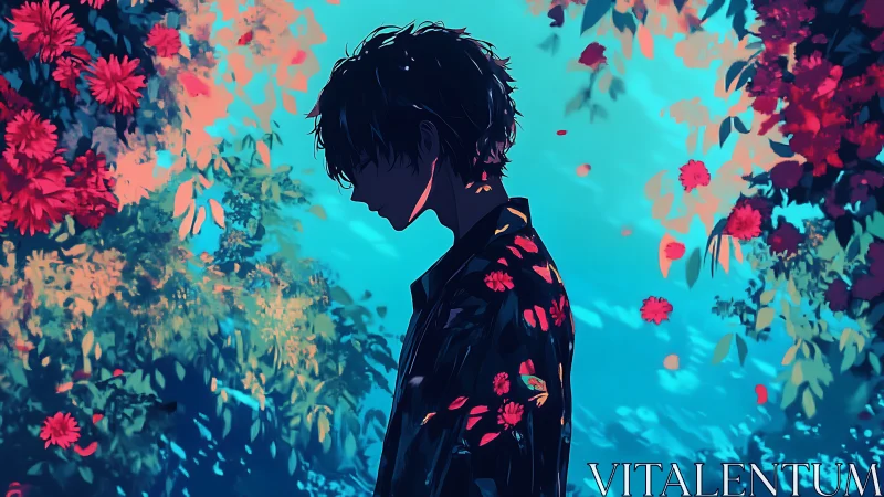 Silhouetted dreamer wandering through a neon painted garden.