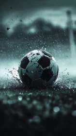 Soccer ball impacts wet ground and displaces water upward forcefully