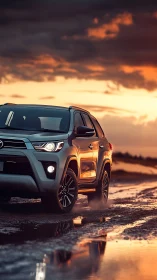 Silver SUV driving on wet coastal track at sunset.