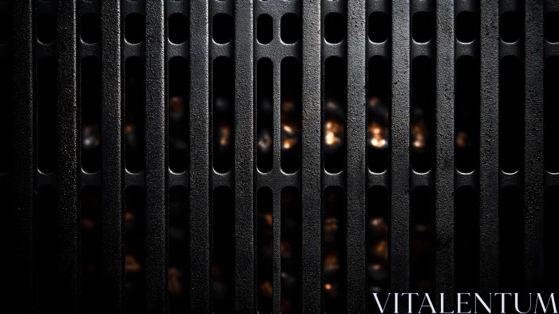 Close-up of black metal grill with glowing embers beneath, moody lighting.