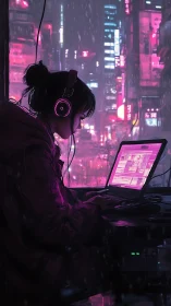 Neon city coder profiles against rain-soaked skyline.