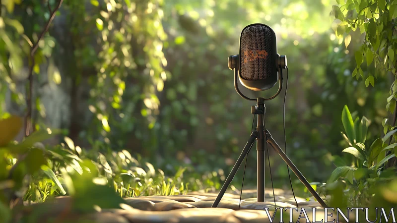 Studio microphone on tripod in lush sunlit garden setting.
