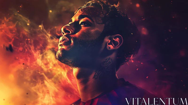 Male profile portrait is rendered with dramatic colored lighting