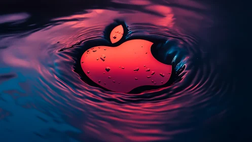 Glowing apple emblem drifting in neon ripples of water.