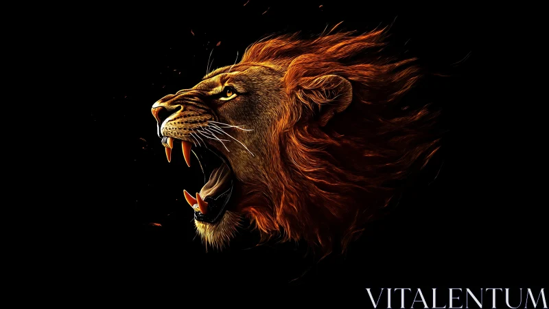 Roaring ember-maned lion blazing from midnight void.