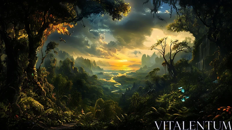 Enchanted Forest Cavern Framing Golden Sunset Valley.