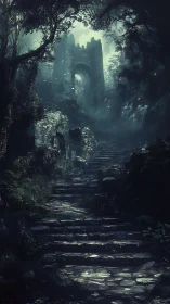 Moody digital painting of ruined forest stair and tower.
