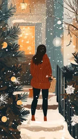 Snowy doorstep hush wraps a lone visitor in amber glow