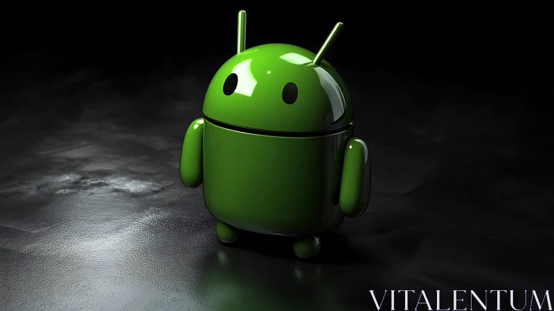 Glossy green android mascot on dark reflective surface.