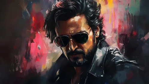 Moody sunglasses rebel framed by bold neon color swirls.