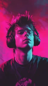 Neon-lit listener immersed in music under vivid pink sky