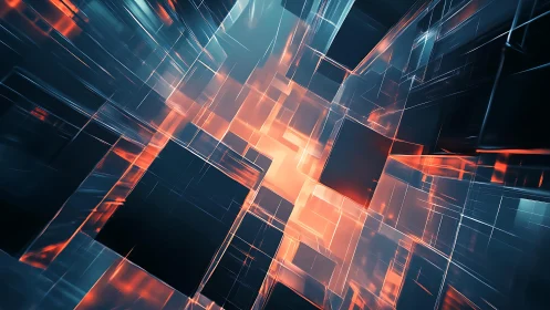 Futuristic glowing cubes abstract digital art in neon blue and orange.