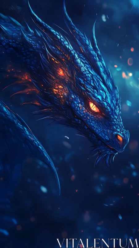 Digital painting of luminous blue dragon head in profile.