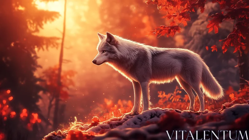 Luminous white wolf pauses in ember-bright autumn forest.