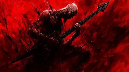 Fierce guitar player rises from swirling red chaos and fire