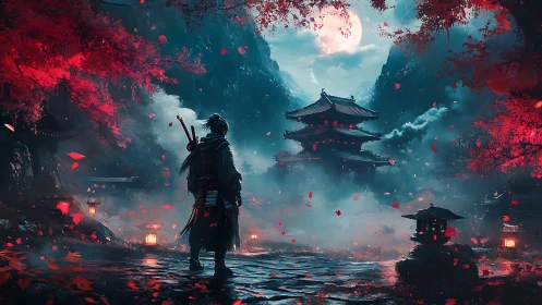 Samurai observes misty temple courtyard under full moon