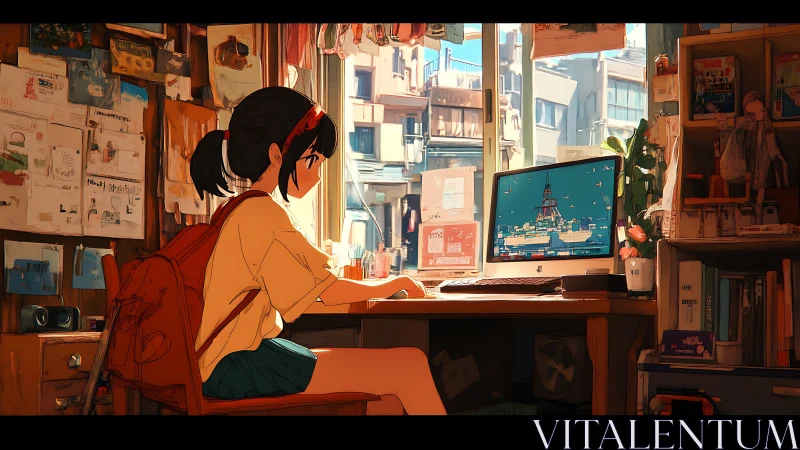 Girl studies at sunlit desk with city view backdrop.