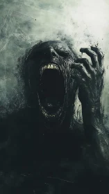 Eroded humanoid wraith screaming in dissolving shadow haze